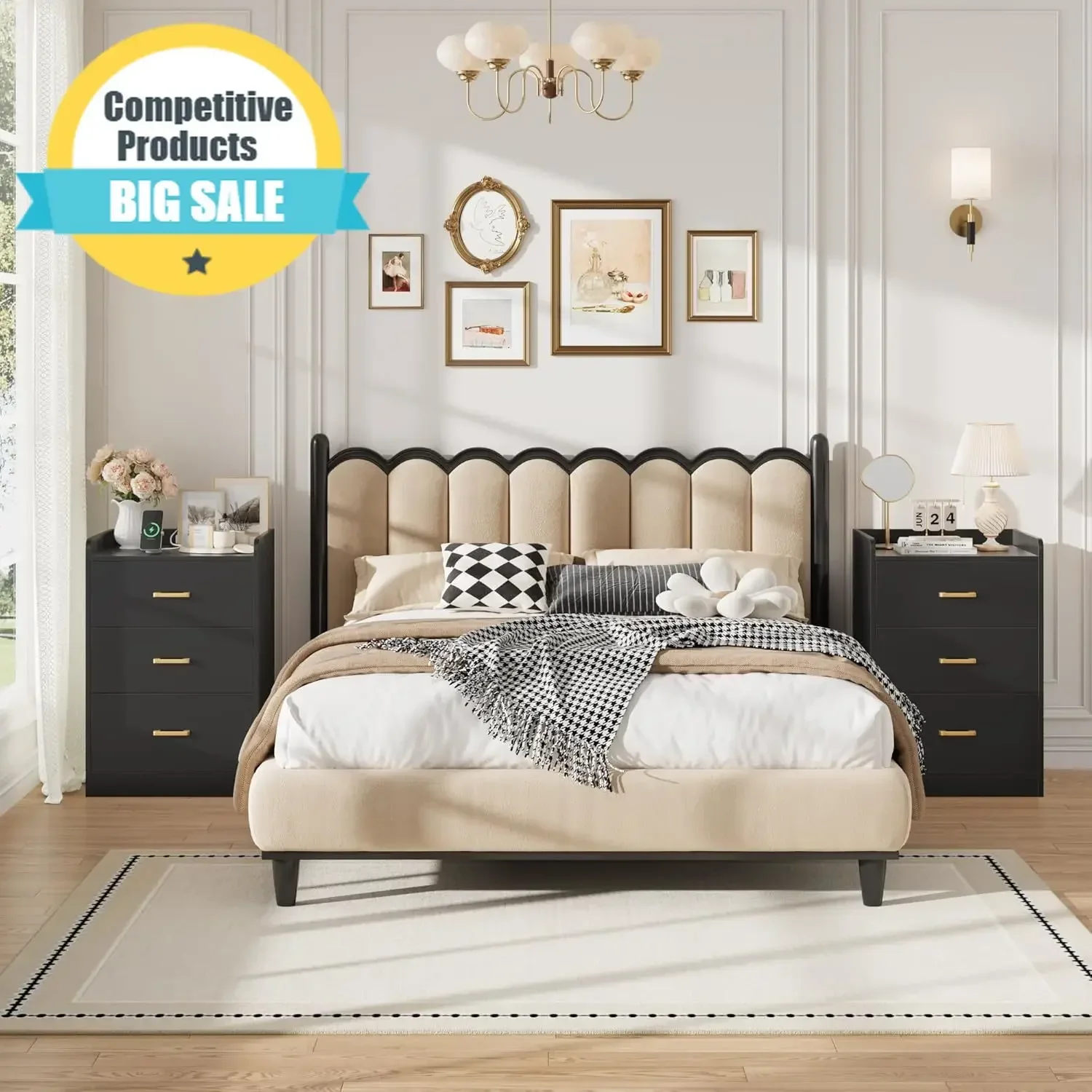 Competing Product Nightstands Set Of 2 Black Nightstand With Charging Station, 3 Drawer Nightstand With Gold Handles, Black Side