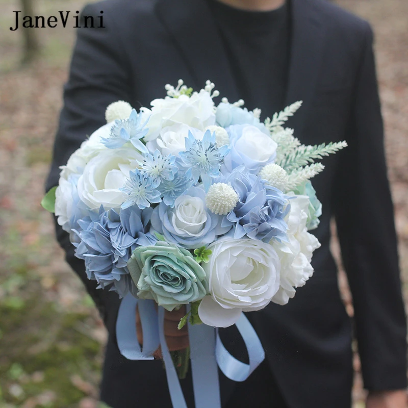 JaneVini White and Blue Wedding Flowers Bridal Bouquets Artificial Silk Roses Bride Flower Bouquet Bloemen bukiet ślubny 2023