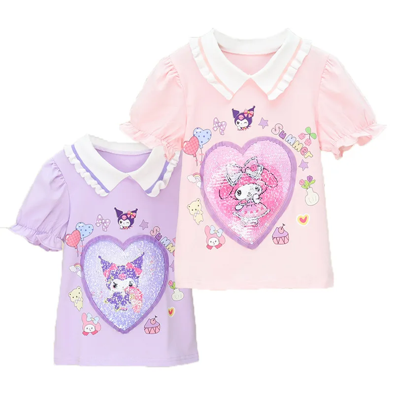 T-Shirt à Manches Courtes en Coton pour Enfant, Dessin Animé, Sanrios, Kawaii, My Melody, Kuromi, Vêtements d'Été à la Mode