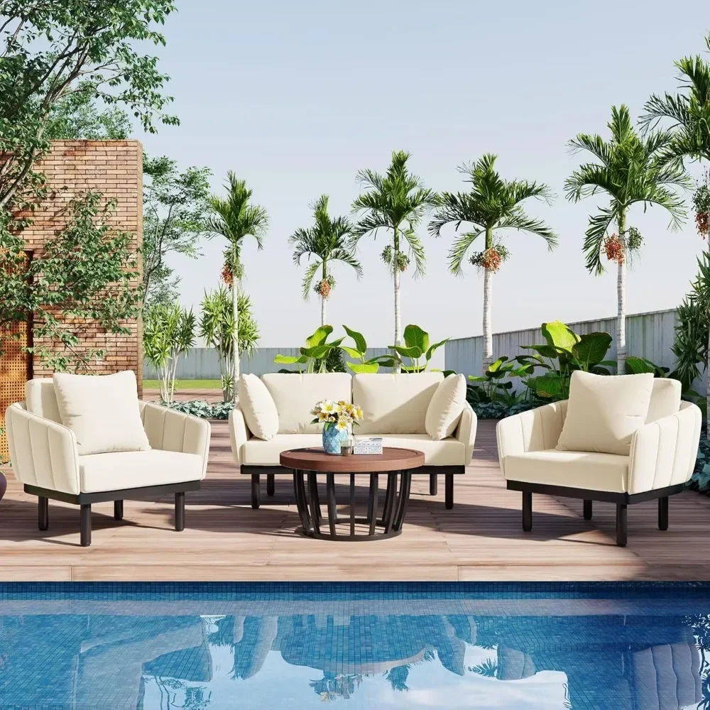 4-Piece Outdoor Conversation Set,All-Weather Patio Sectional Sofa Set,2Arm Chairs and Loveseat with 4 Decorative Pillows (Beige)