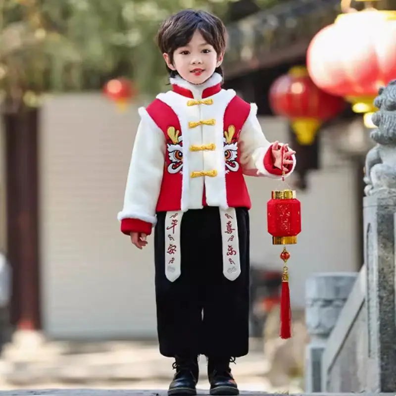 

2 Pieces/set Kids Tang Suit Top Trousers 2024 Dragon New Year Chinese Winter Hanfu Costume Daily Wear