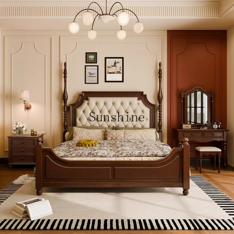 

American solid wood double master bedroom high-end atmosphere retro soft bag bed