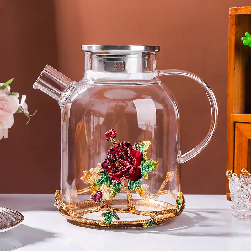 Juego de té de porcelana china de alta gama con diseño de peonías, taza de agua de cristal para el hogar, tetera y taza de té resistentes a altas temperaturas