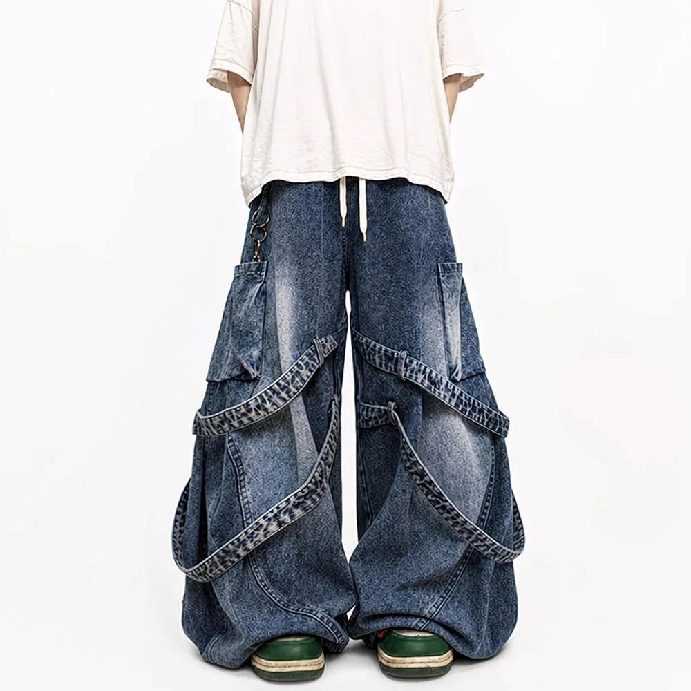 2026 New Trendy Ribbon Decorate Patchwork Baggy Denim Pants Men's Street Hip -hop Style Elastic Waist Denim Pants