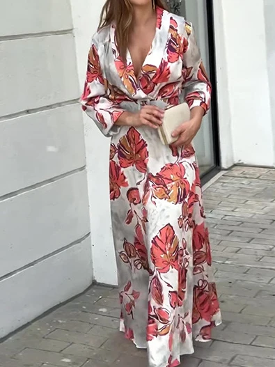 Robe longue à imprimé floral pour femmes, col en V, maxi manches longues, taille haute élégante, décontractée, bohème, robe trapèze, éducative, mince, 2024