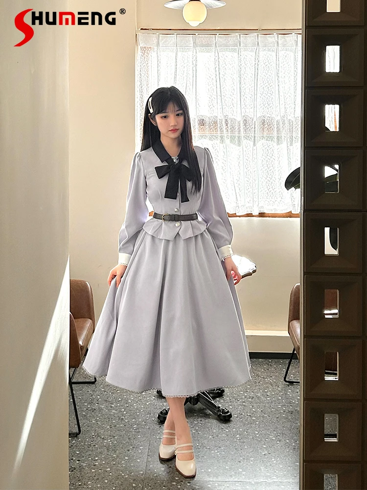 Elegant Classical Lolita Long Sleeve Bowknot Single-Breasted Jacket Tops High Waist Belt A-Line Oversize Long Skirt Sets Women