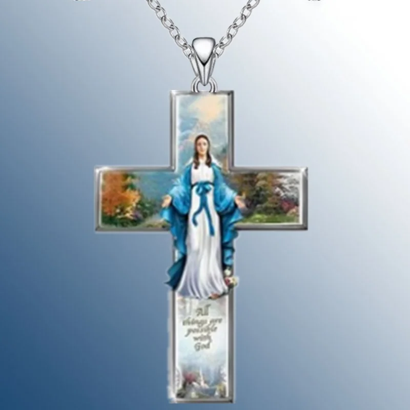 Vintage Women Cross Pendant Religious Belief Jesus Cross Painted Sticker Pendant Charm Necklaces for Women Cross Jewelry Gift