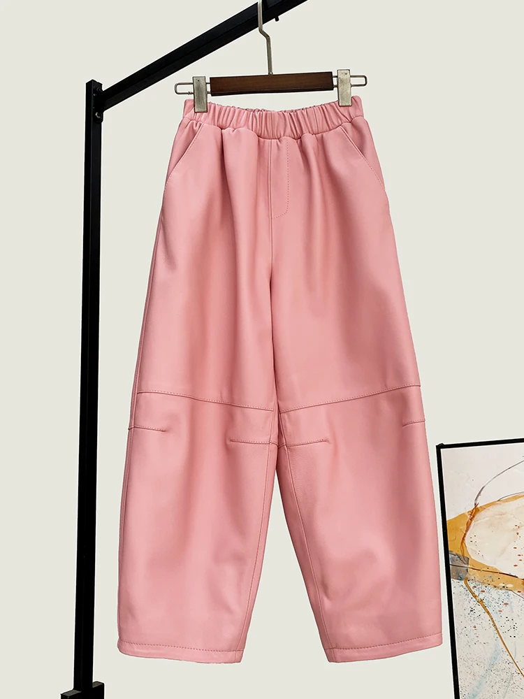 

Fashion All-Match Pants Cropped Winter New High Quality Genuine Real Leather Women's Loose Waist