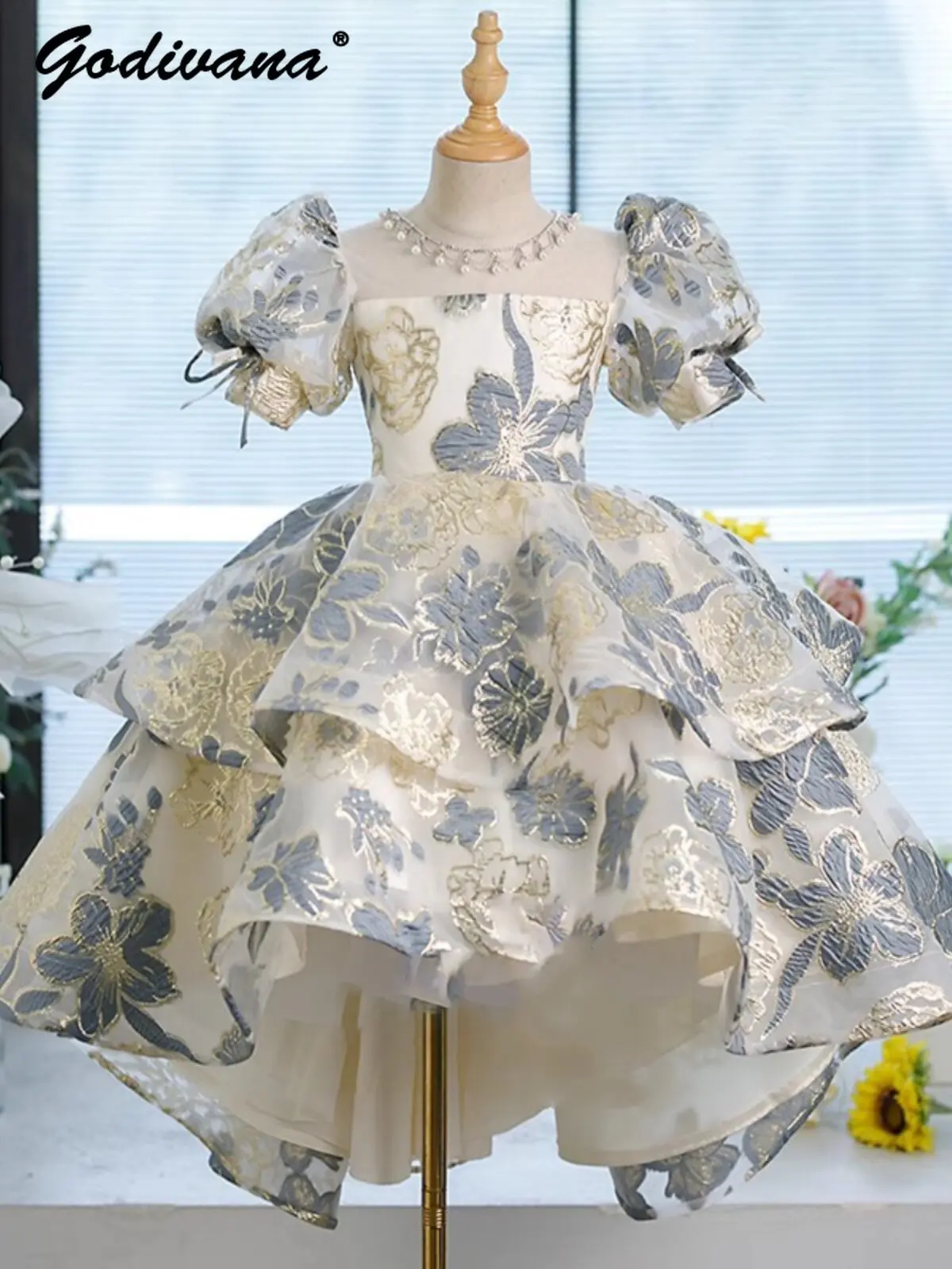 Girls High End Luxury Evening Gown Kids High Low Hem Heavy floral Embroidery Puff Sleeve Piano Performances Birthday Party Dress