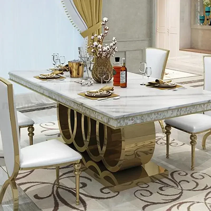 Post-Modern Marble Top-Grade Dining Table And Chairs Stainles Island Kitchen Table Steel Crown Apartment Golden Carved Furniture