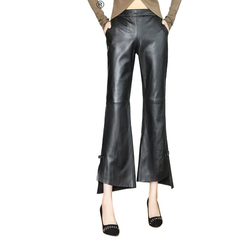 

Tajiyane Streetwear Women Flare Pants Women's Genuine Leather Trousers Woman Real Sheepskin Pants High Quality Pantalones TN1288