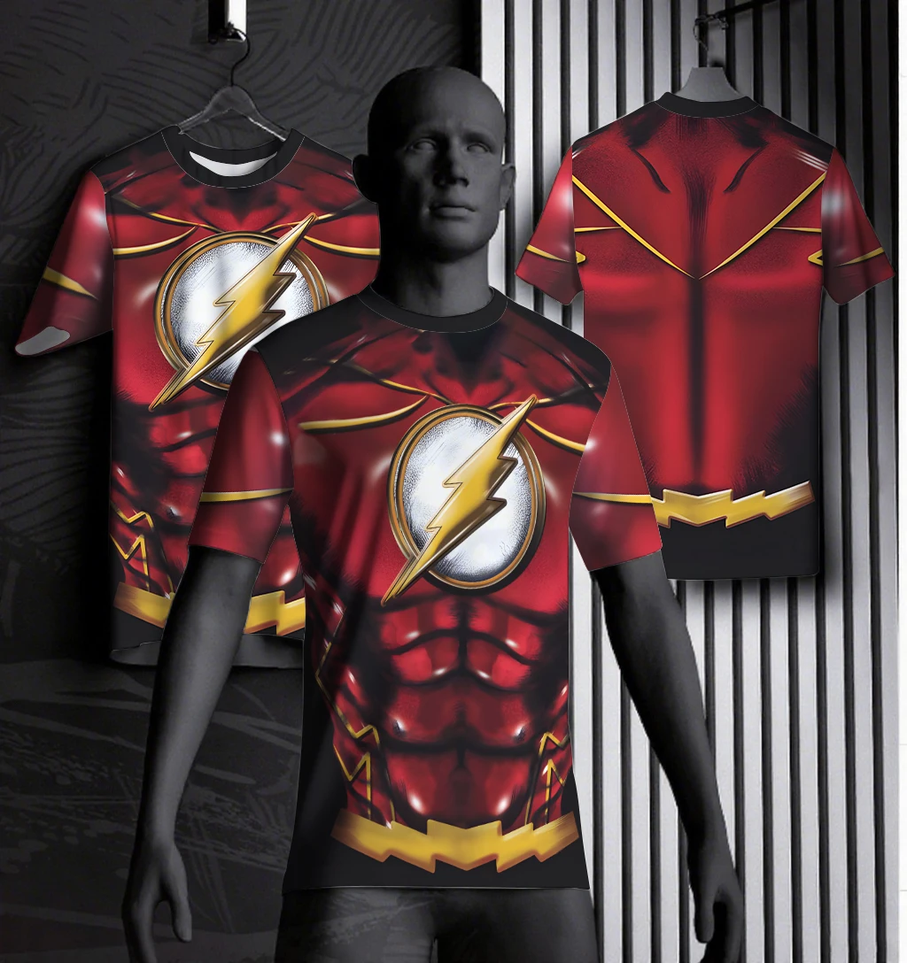 

Round Neck Marvel Superhero Flash Crimson Gold Stripe Speed Hero Muscle Texture Party Comic Exhibition Role Playing Dress