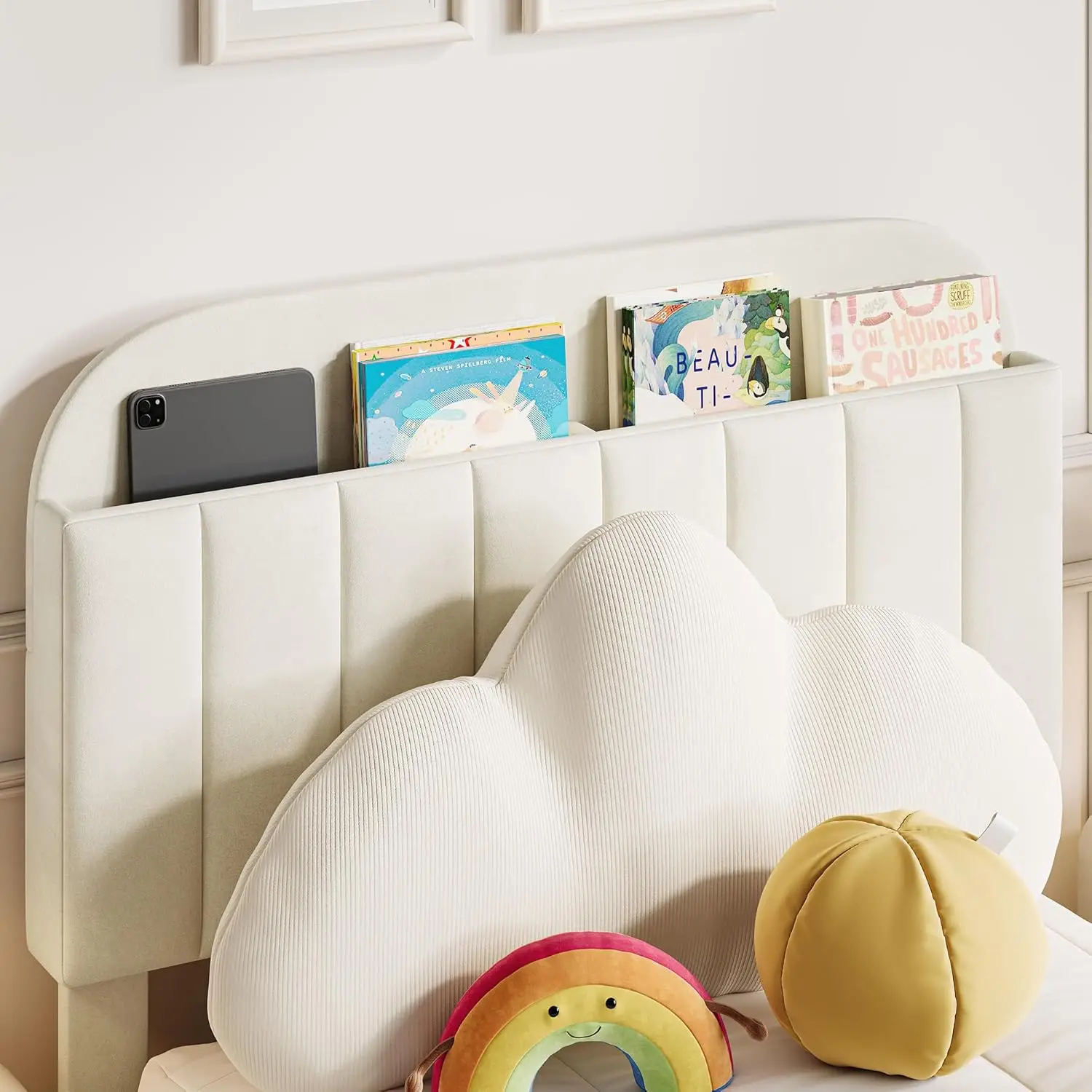 إطار سرير مزدوج، سرير بمنصة منجدة مخملية مع لوح أمامي لخزانة الكتب للأطفال والبنات، أرجل دعم فولاذية شديدة التحمل، سهلة التجميع