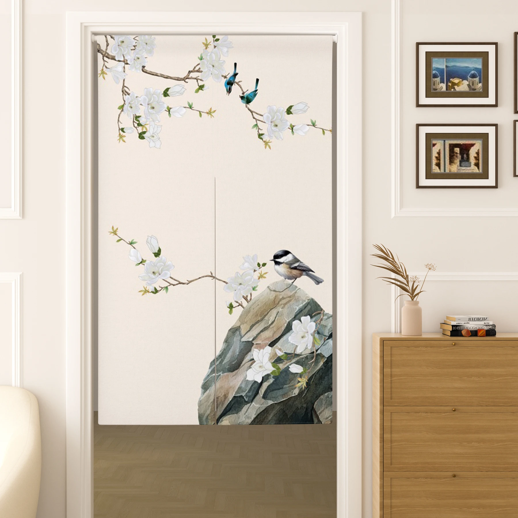 Japanese Door Curtain Cherry Blossoms Birds Kanagawa Wave Room for Home Decor Zen Interior Partition for Living Room Curtains
