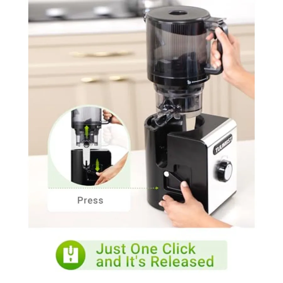 6.5インチの大きな投入口を備えたコールドプレスジューサーマシン。果物や野菜を丸ごと投入できる設計で、高いジュース収量効率を実現。