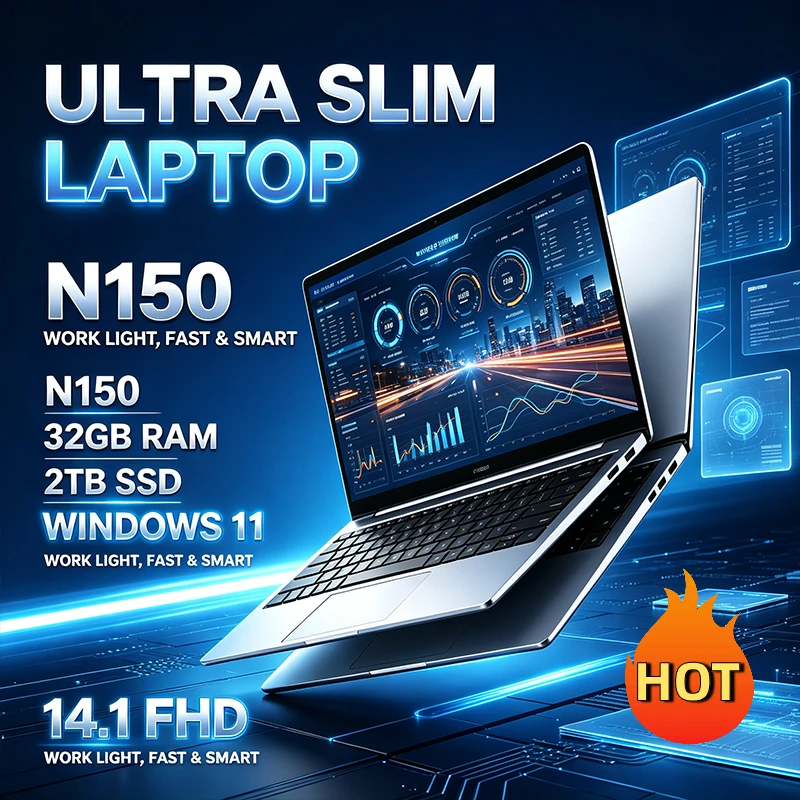 14.1 Inch Gaming Laptop Computer Intel N150 16GB RAM 1TB 2TB SSD PC Gamer Windows 11 Pro Laptops 1920*1080P Office Study PC