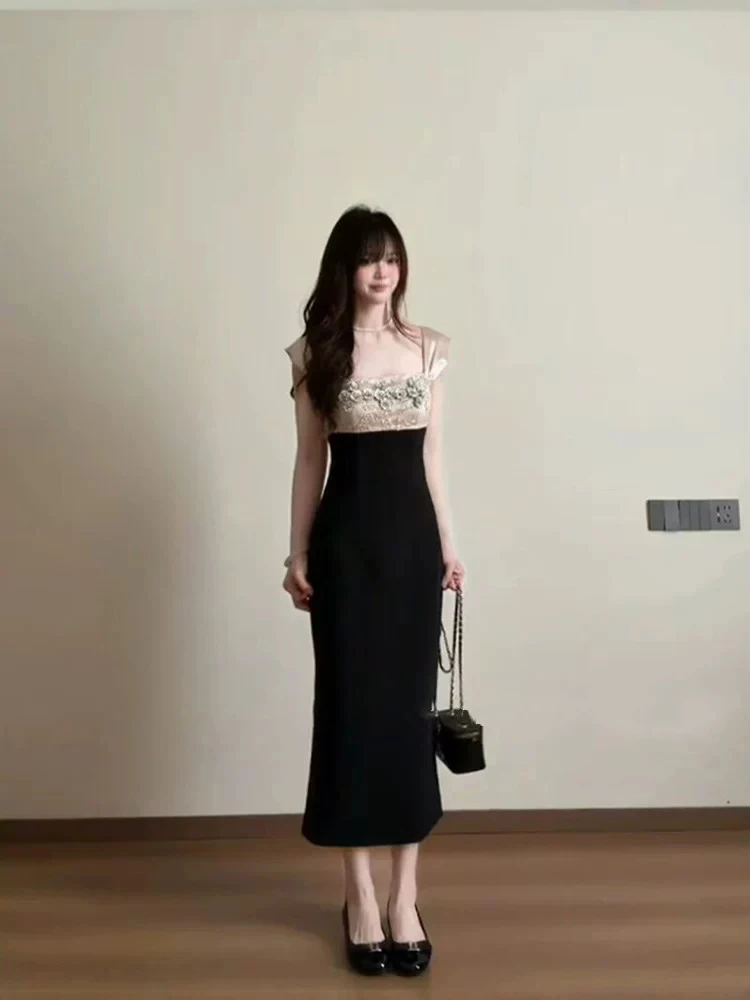 

Elegant Embroidered Beaded Sleeveless Dress Women's Summer Slim Fit High Waist Long Dress Shiny Thread Casual Citywalk Dress
