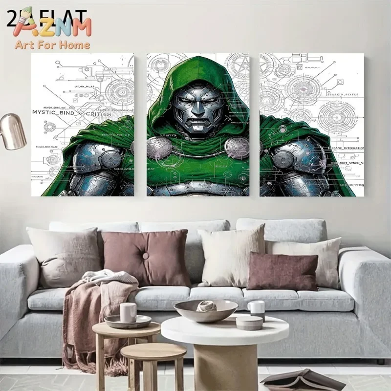 3pcs Doctor Doom Superhero Canvas Wall Art Blueprint Technical Drawing Print Unframed Canvas Painting For Boys Room Living Room
