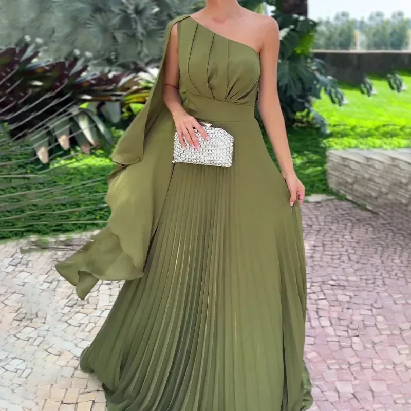 Olive Green Solid Women\'s Dress Elegant High Waist Fashion Pleated Single Shoulder Cape Temperament Female Fresh Party Dresses