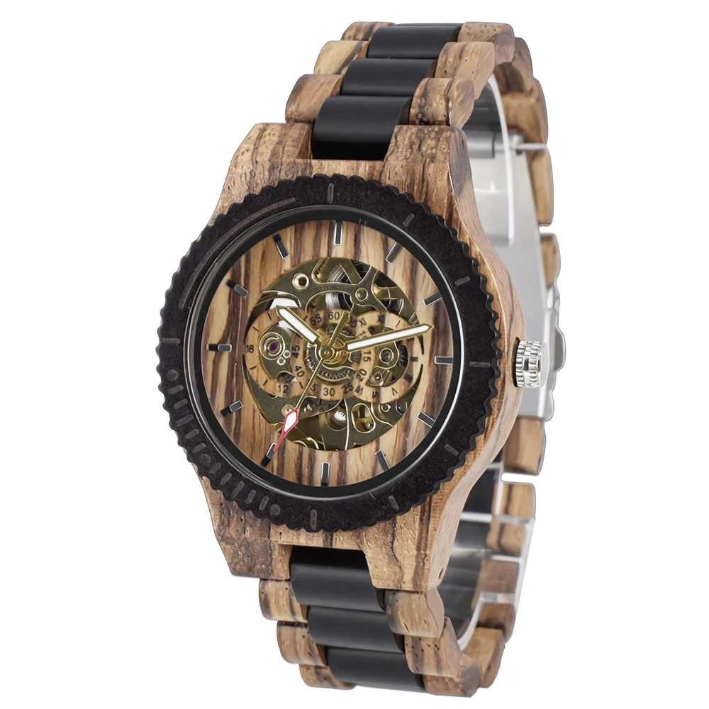 Fashion Women's Wooden Mechanical Watch with Skeleton Automatic Movement and Round Fold Clasp Design