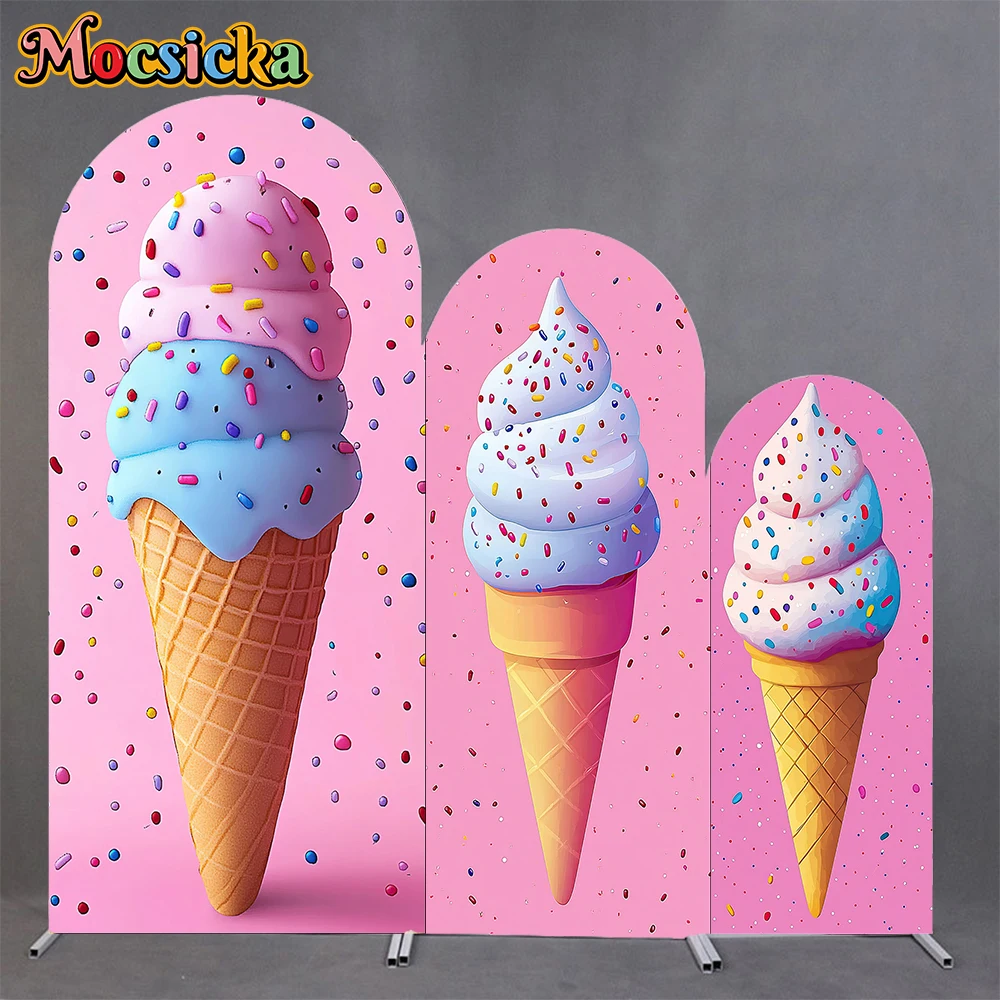 

Mocsicka Ice Cream Cone Arch Backdrop Double-Sided Birthday Party Arched Covers Background Color Candy Needle Decor Studio Props