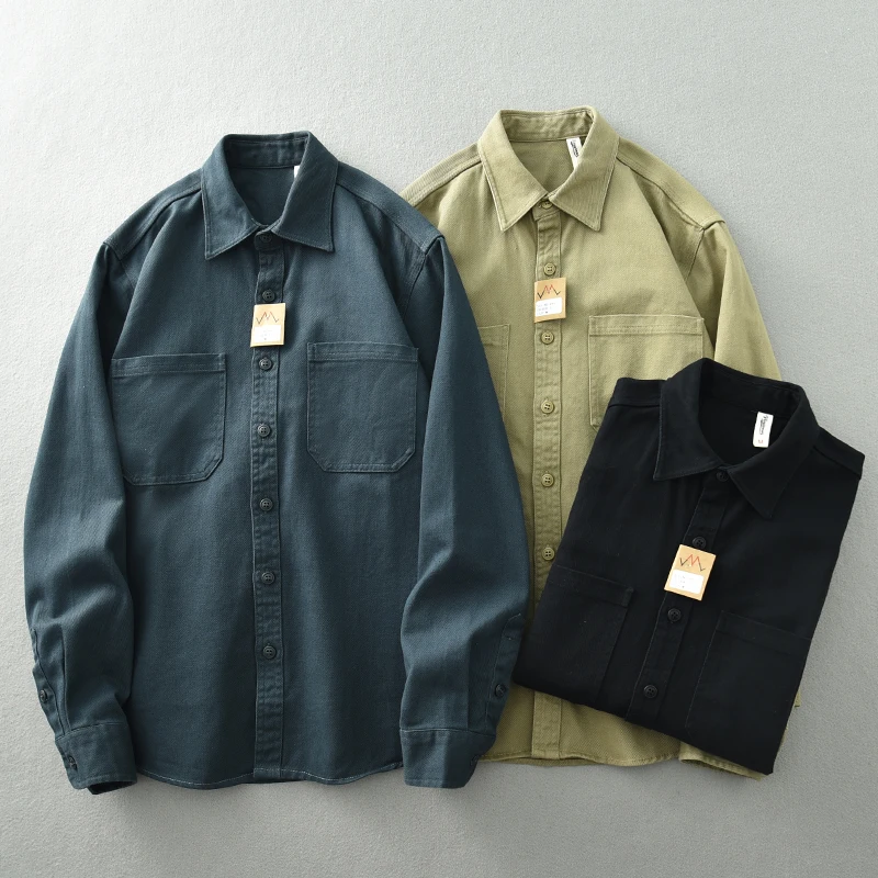 Vintage washed May khaki shirt men's long sleeve base lapel cotton loose casual cargo shirt