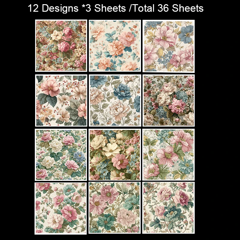 Paquete de 36 hojas de papel para álbum de recortes de 6 "x 6": estampados florales dibujados a mano para álbumes de recortes, origami, diario basura y bricolaje de tarjetas.