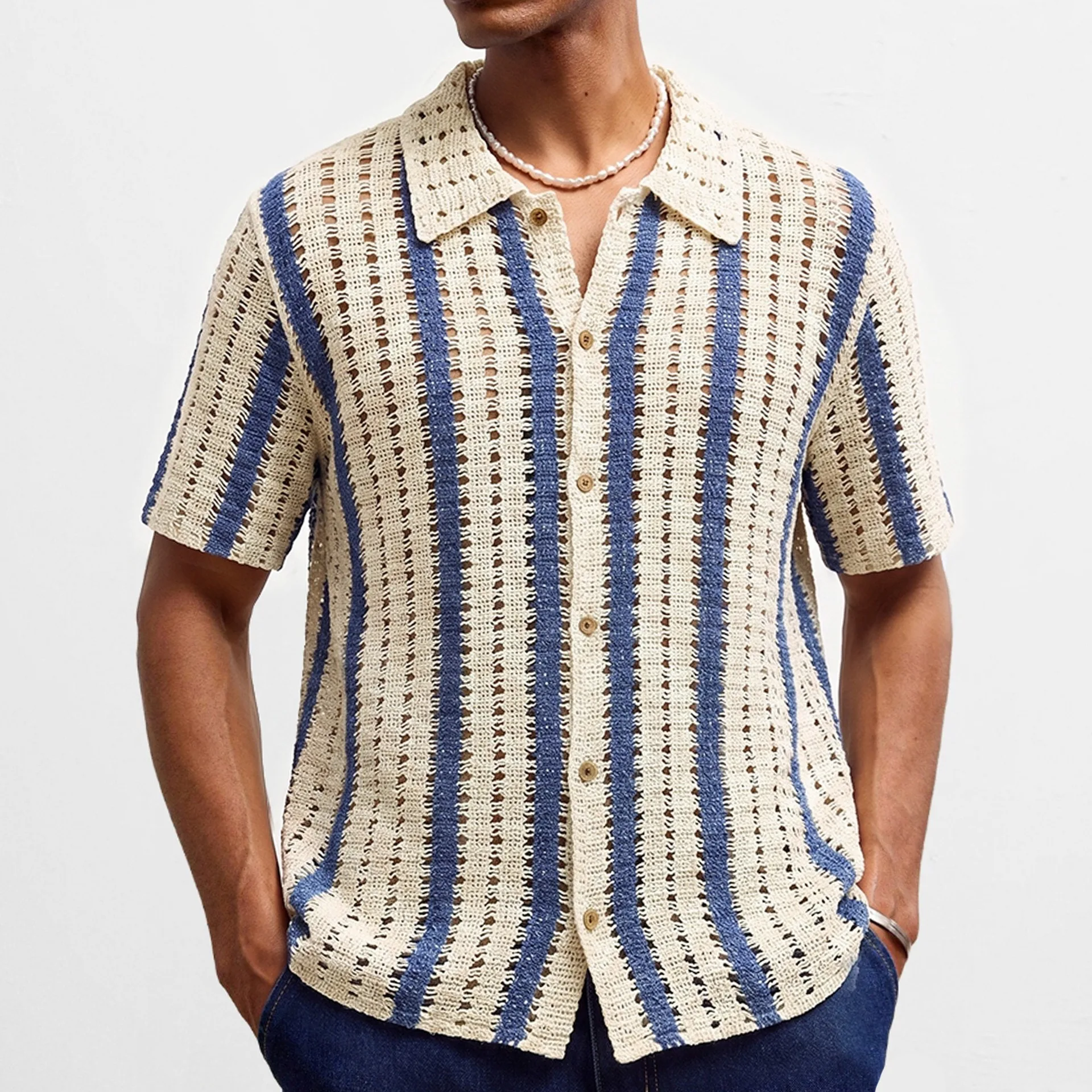 Men's fashion European and American style men's pure cotton hollow hook flower knitted shirt striped cardigan polo shirt top