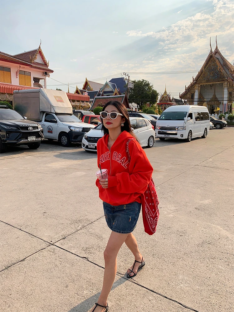 Red Hoodie Women's Loose Fit Long Sve Overhead Design Korean Sle Organic Cotton Spring Autumn Casual Comfortable Sweatirt