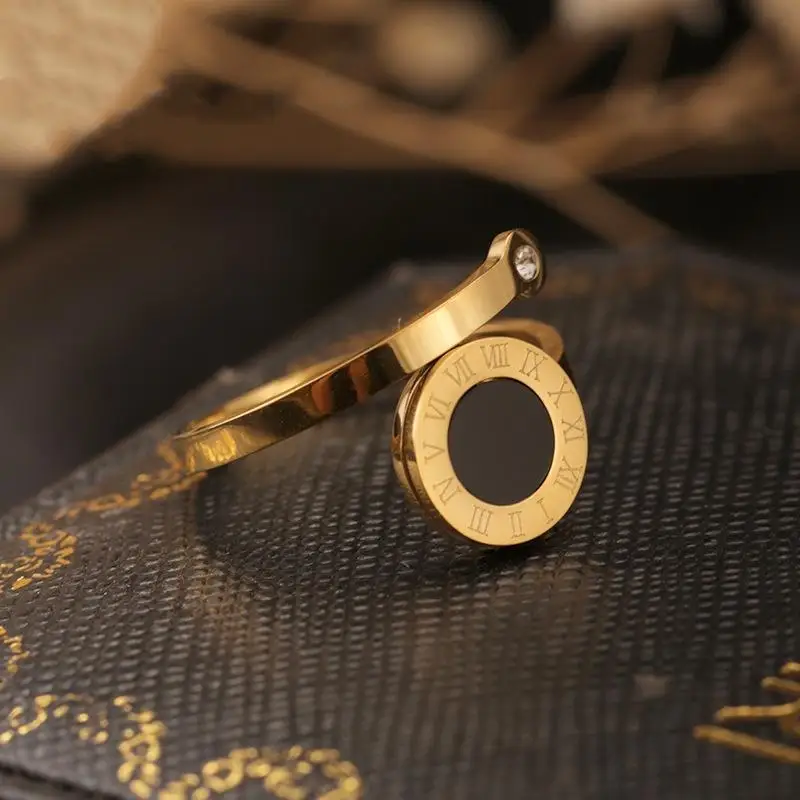 RAKOL High Quality Roman Numeral Black Shell Open Rings For Women 18k Gold Plating Titanium Steel Tail Ring Not Fading Jewelry image 5