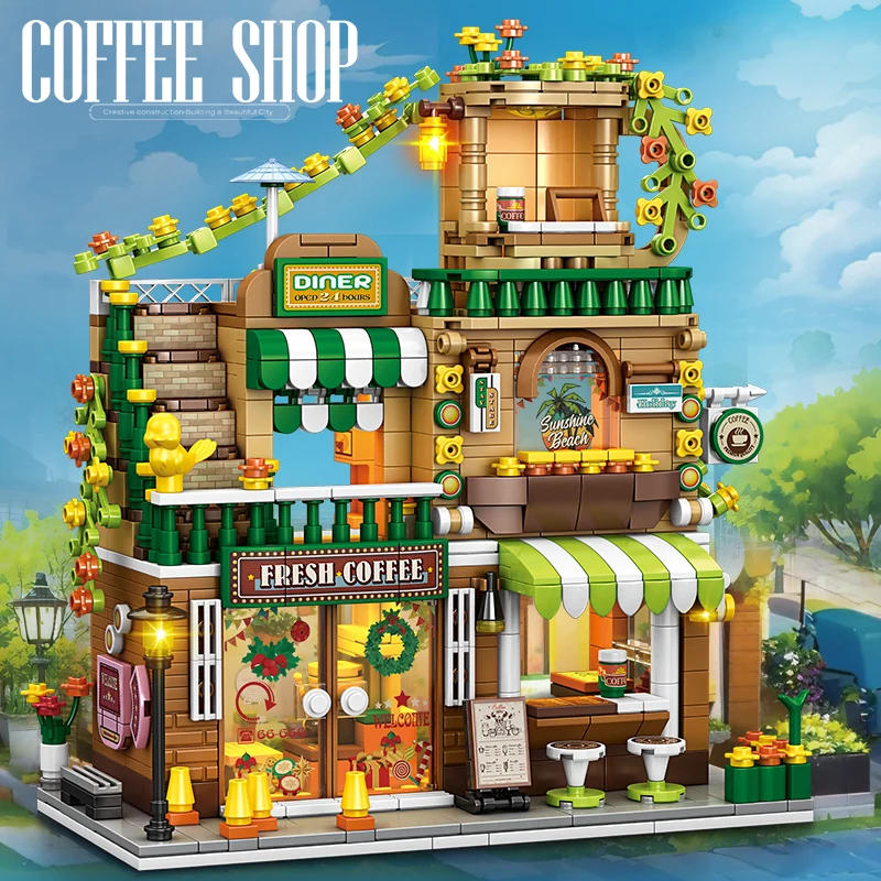 

Urban Architecture Building Blocks Cafe Street View Model House Bricks for Boys Girls Christmas Birthday Gift Kids Toys
