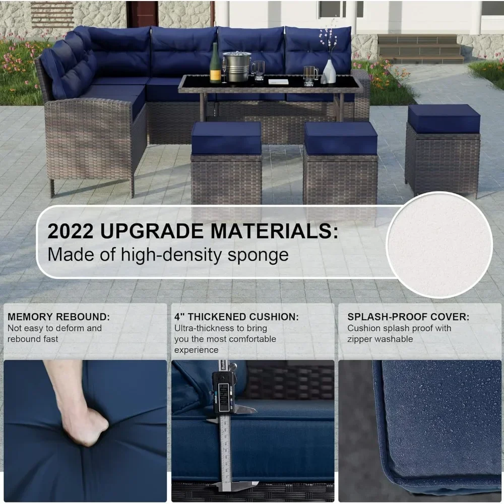 7 Piece Outdoor Patio Furniture All-Weather Wicker Rattan Sectional Conversation Set with 3 Loveseats 1 Dining Table