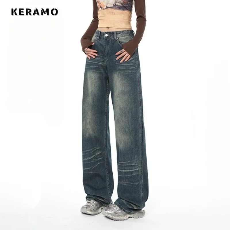 

Women's Wide Leg Vintage High Street Style Blue Straight Jeans Casual High Waist Pants Korean Fashion Baggy Y2K Denim Trouser