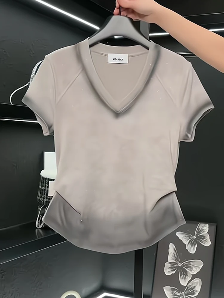 

Женская летняя футболка Slim Fit с V-образным вырезом, модная корейская версия, с коротким рукавом, в стиле Heavy Industry, новинка