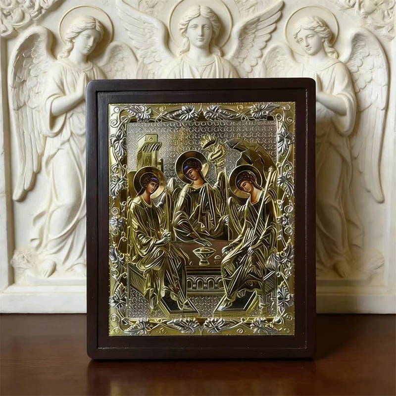 New Luxury Gold Plated Orthodox Holy Trinity Icon with Wooden Frame for Church Liturgy Home Altar Prayer Devotion Christian Gift