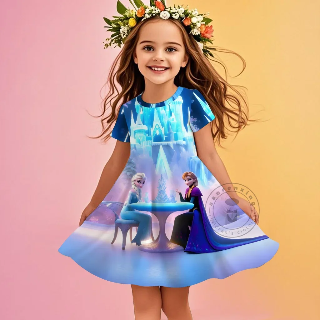 

New Summer Girl Dress Disney Princess Elsa Cute 3D Print Children's Clothing 2025 Cute Fashion Princess Cartoon Comfortable