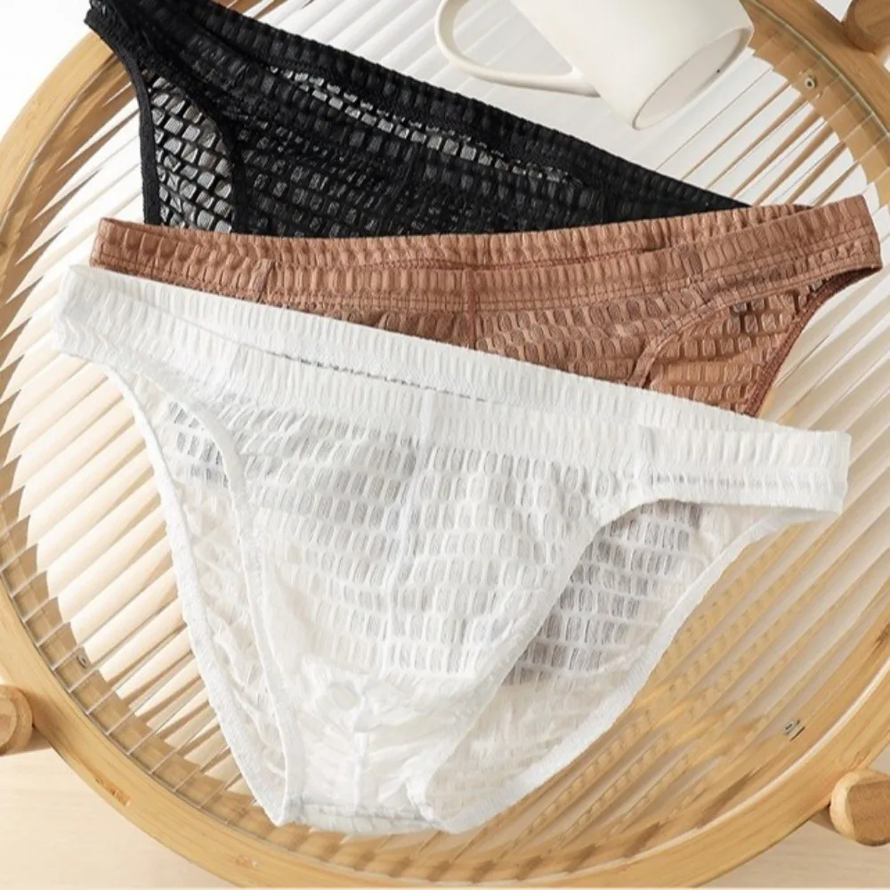 Breathable Low Waist Men's Briefs Mesh Ultra-thin Ice Silk Underwear Transparent Lingerie See Through Briefs Support Wear