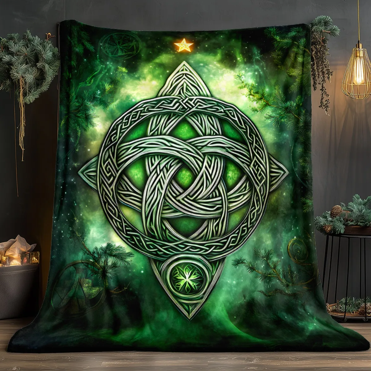 Green Celtic knot forest mystical symbol flannel blanket nature inspired blanket pagan decor spiritual energy throw blanket for