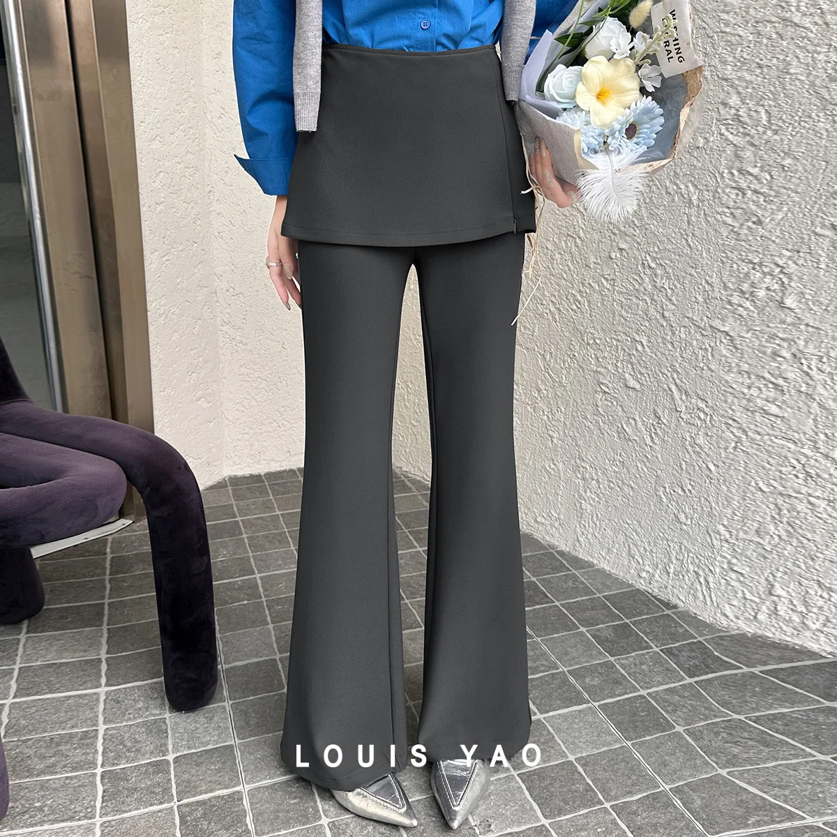 LOUIS YAO Personalized Fake Two-Piece Flared Pants 2026 Spring/Autumn Casual Versatile Long Slightly Stretchy Women's Trousers