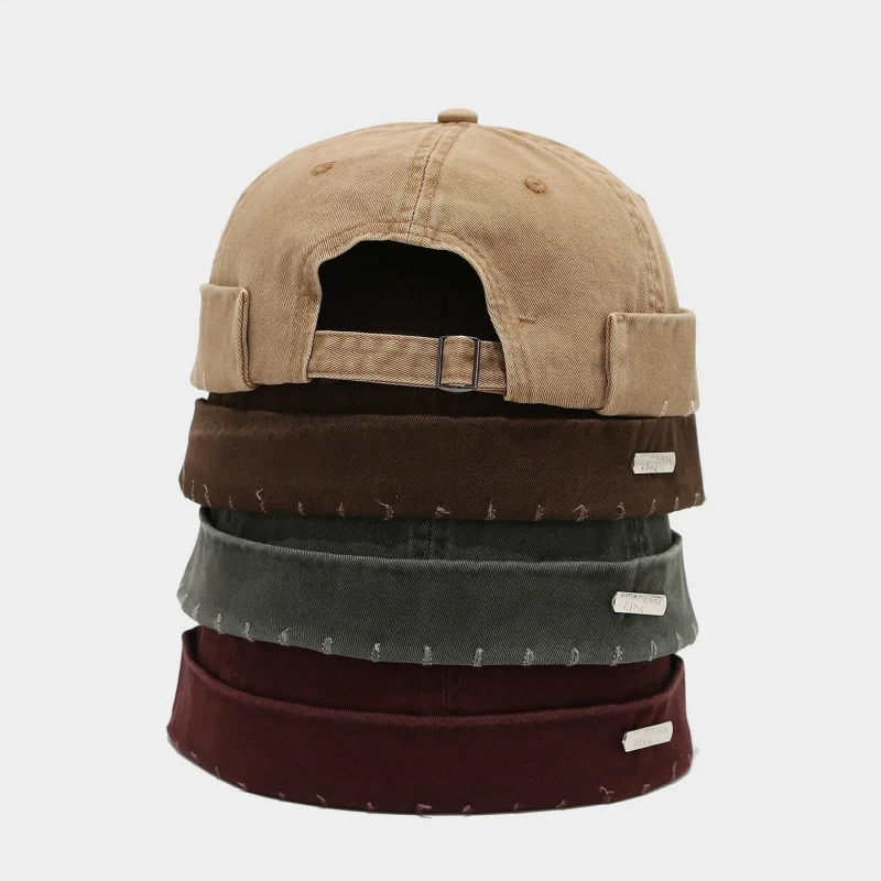 Japanese Style Washed Distressed Beanie Men Women Retro Metal Label Hip Hop Skullcap Vintage No Brim Melon Cap Streetwear