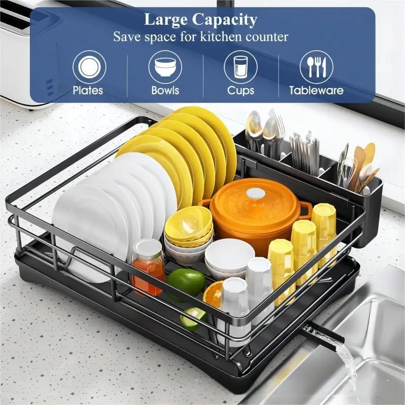 

Large Dish Drying Rack for Kitchen Counter - Dish Rack with Drainboard, Rustproof Dish Drainer with Utensil Holder for Sink