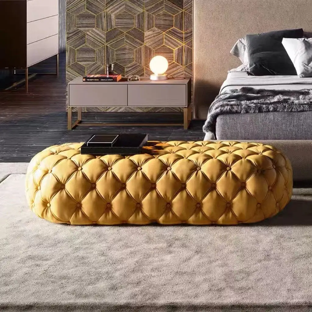 Leather sofa stool long pull button shoe changing stool cloakroom oval end of bed pedal bench