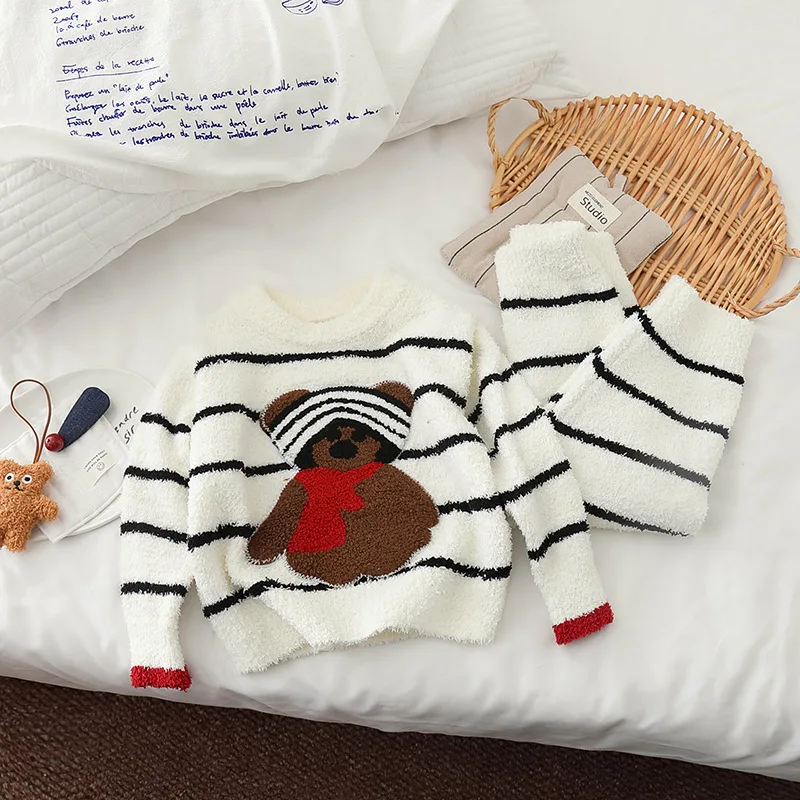 Autumn Winter Children Girls 2PCS Pajamas Set Cotton Bear Patched Kids Girls Sweatshirt Suit Striped Toddler Girls Homewear Pant