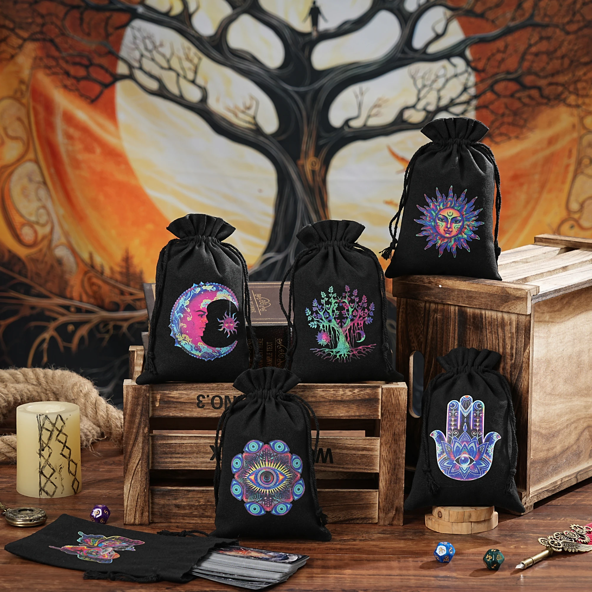 1Pcs 14x22cm Tarot Card Storage Bag Tree of Life Moon Phase Runes Pattern Witch Divination Tarot Pouch for Dice Cosmetic Jewelry