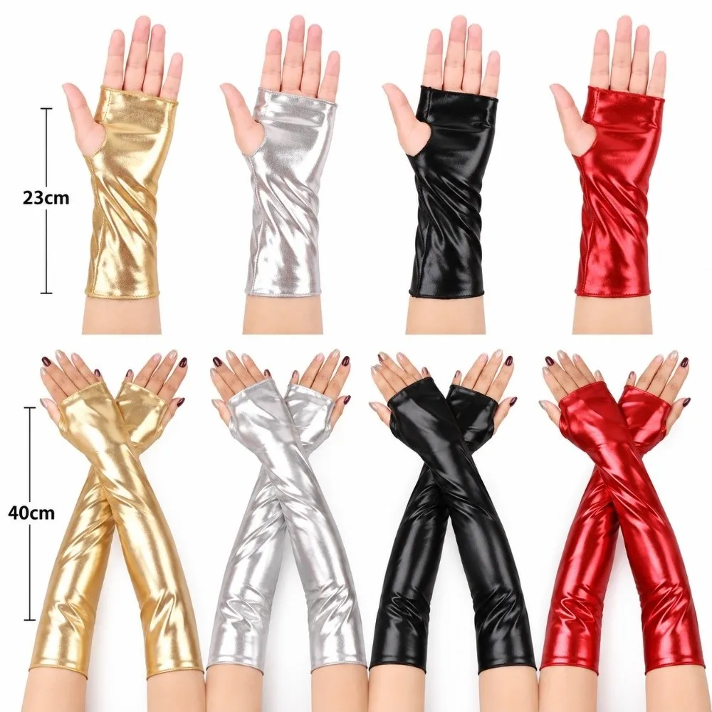 1 Pair Glossy Finish Fingerless Gloves Punk Style Thin Performance Gloves Imitation Leather Girl's Sleeve Set Half Finger Gloves