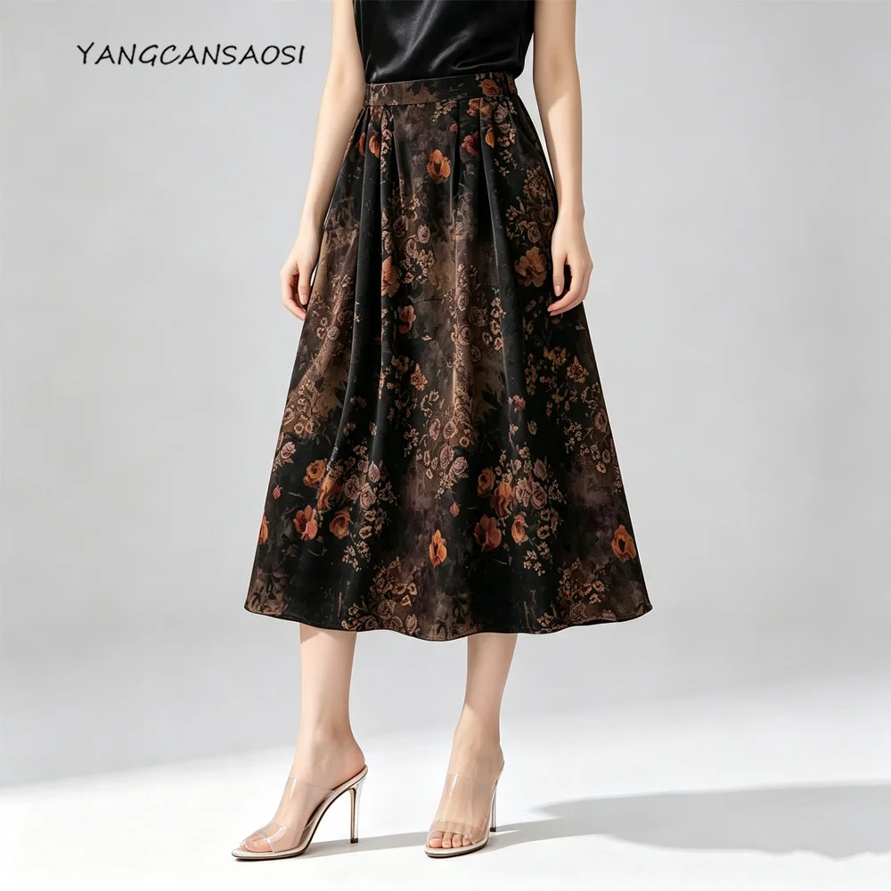 2026 Women's Fashion Clothing Glossy 100% Natural Mulberry Silk Jacquard Fragrant Cloud Yarn Elastic Waist Large Swing Skirt