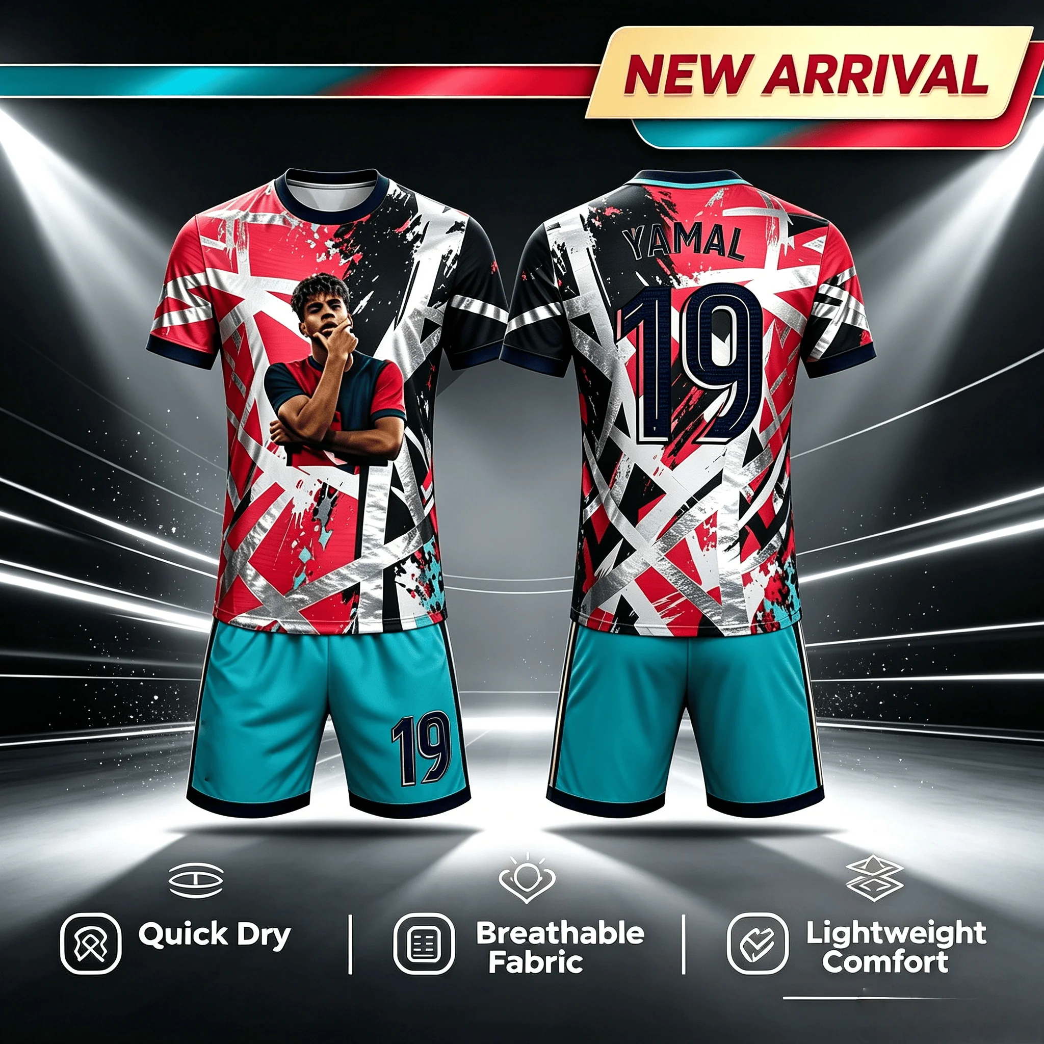 Yamal Themed Multi-color Splashed Ink Graffiti Design, Printed in Size 19, Unisex Breathable Family Matchingkids Jersey Set 2026