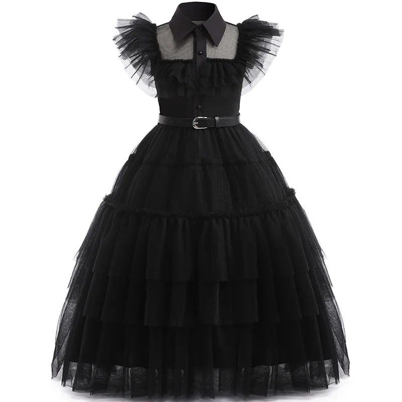 2024 Girls Halloween Role Play Movie Addams Fluffy Tulle Goth Tiered Black Long Elegant Party Dress Children Masquerade Costume