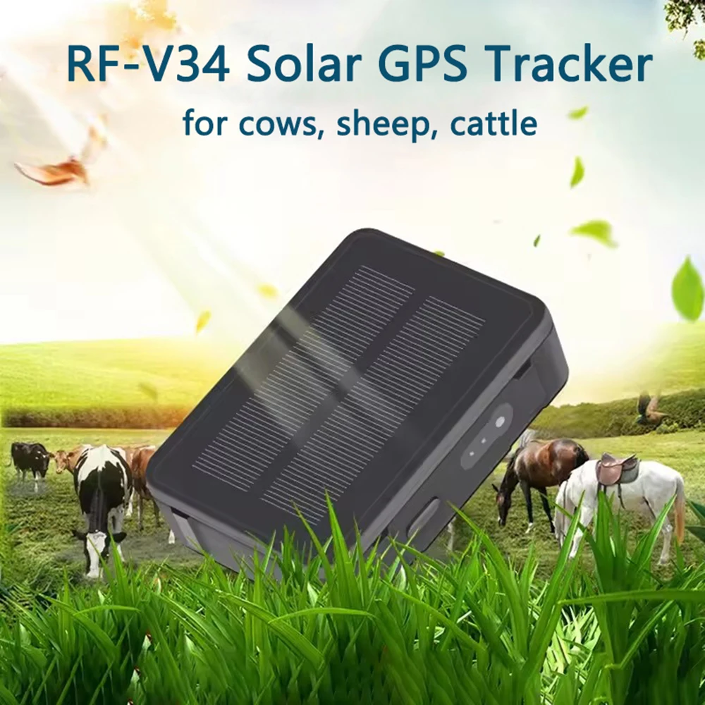 2G RF-V34 Real-time Solar Power GPS Tracker Locator Cow Sheep Cattle Horse GPRS Tracking Device Waterproof Temperature Accuracy