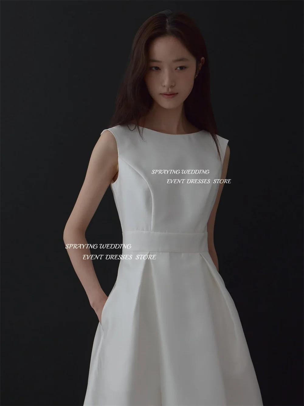 SPRAYING Simple vestido de novia de satén marfil sesión de fotos de Corea cuello redondo una línea hasta el tobillo vestidos de novia con cremallera personalizada Dende